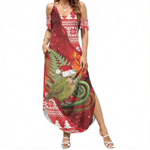 New Zealand Kakapo Christmas In July Summer Maxi Dress Silver Fern Santa Xmas Red Color
