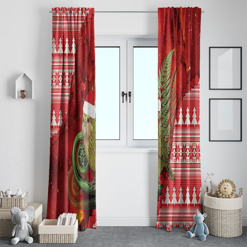 New Zealand Kakapo Christmas In July Window Curtain Silver Fern Santa Xmas Red Color