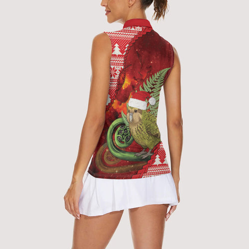New Zealand Kakapo Christmas In July Women Sleeveless Polo Shirt Silver Fern Santa Xmas Red Color