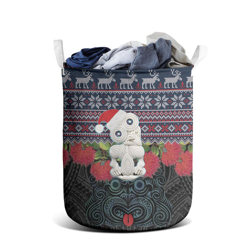 New Zealand Hei Tiki Christmas In July Laundry Basket Pohutukawa Santa Xmas Polynesian Pattern
