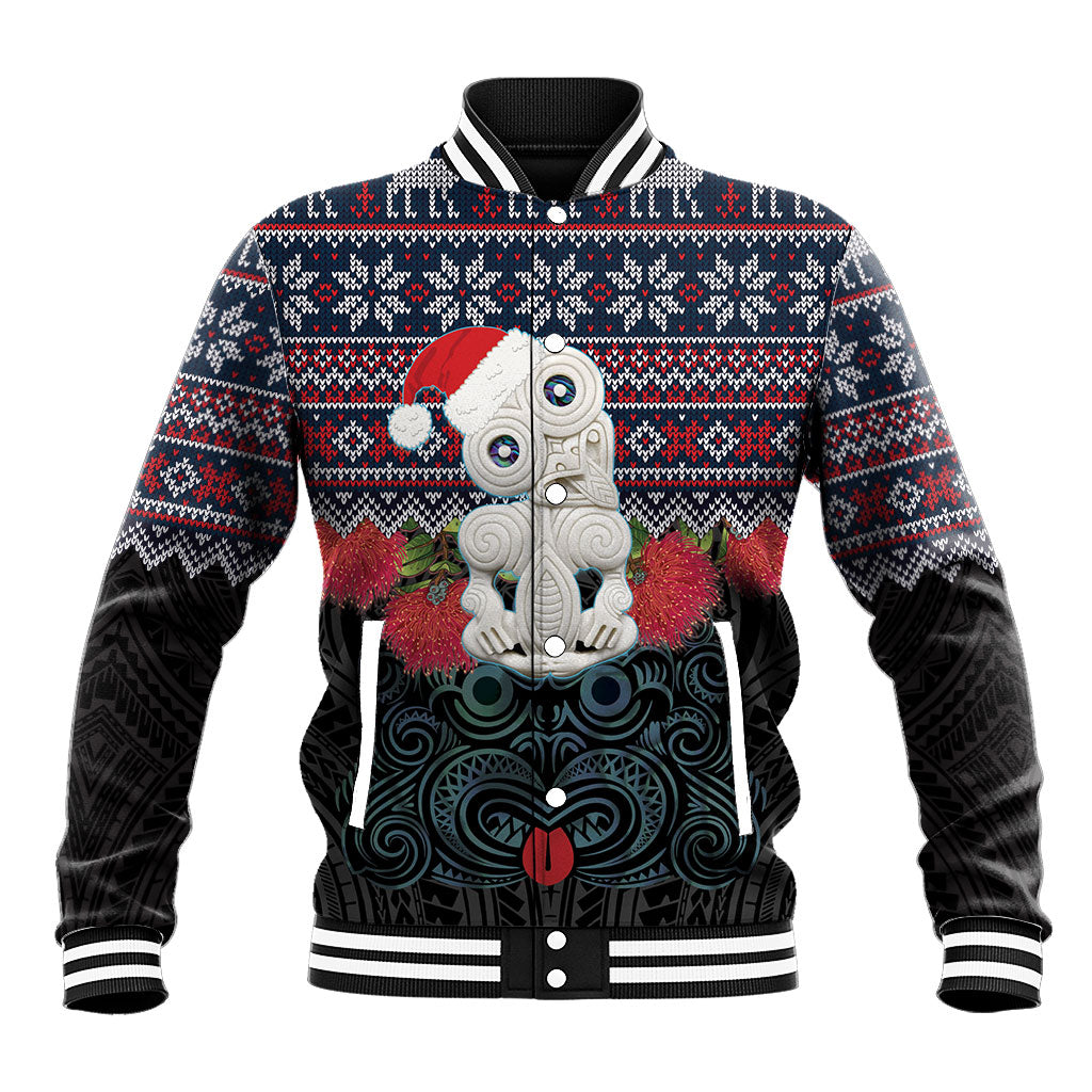 New Zealand Hei Tiki Christmas In July Baseball Jacket Pohutukawa Santa Xmas Polynesian Pattern