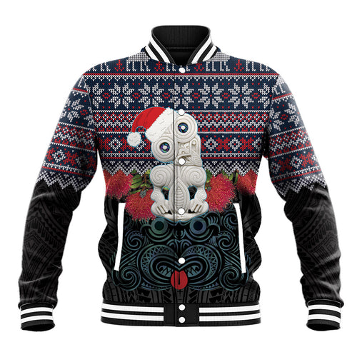 New Zealand Hei Tiki Christmas In July Baseball Jacket Pohutukawa Santa Xmas Polynesian Pattern