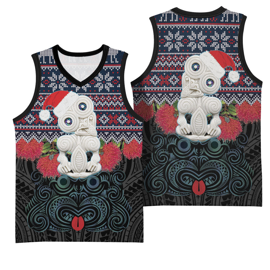 New Zealand Hei Tiki Christmas In July Basketball Jersey Pohutukawa Santa Xmas Polynesian Pattern