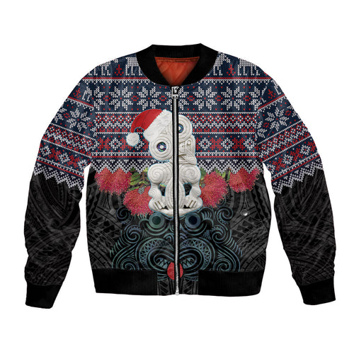New Zealand Hei Tiki Christmas In July Bomber Jacket Pohutukawa Santa Xmas Polynesian Pattern