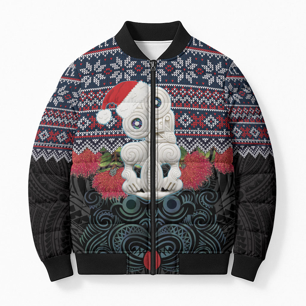 New Zealand Hei Tiki Christmas In July Bomber Puffer Jacket Pohutukawa Santa Xmas Polynesian Pattern