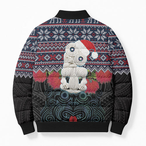 New Zealand Hei Tiki Christmas In July Bomber Puffer Jacket Pohutukawa Santa Xmas Polynesian Pattern
