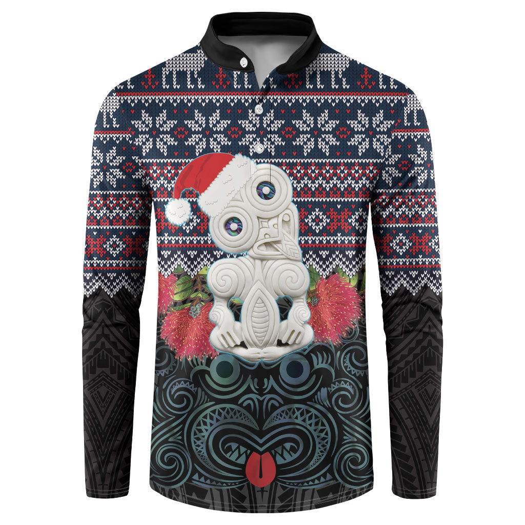 New Zealand Hei Tiki Christmas In July Button Sweatshirt Pohutukawa Santa Xmas Polynesian Pattern