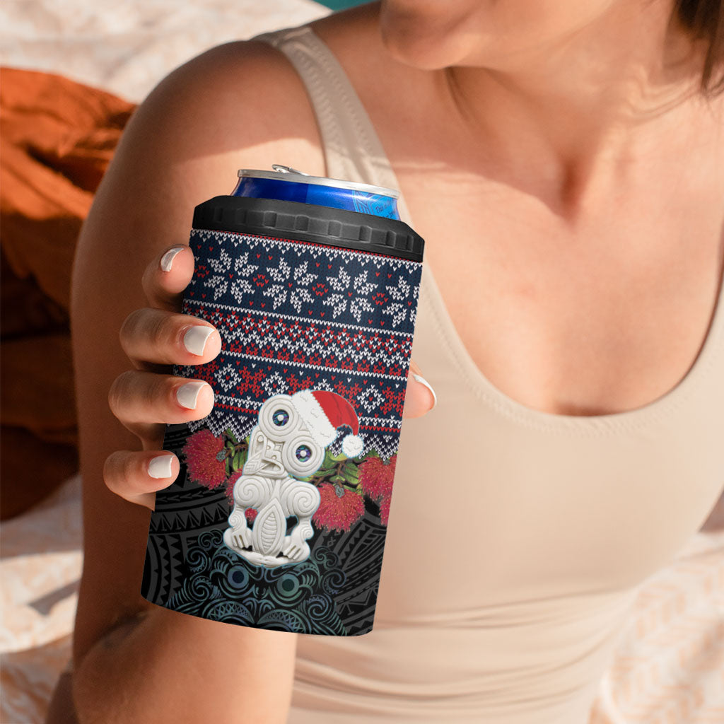 New Zealand Hei Tiki Christmas In July 4 in 1 Can Cooler Tumbler Pohutukawa Santa Xmas Polynesian Pattern