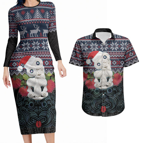 New Zealand Hei Tiki Christmas In July Couples Matching Long Sleeve Bodycon Dress and Hawaiian Shirt Pohutukawa Santa Xmas Polynesian Pattern