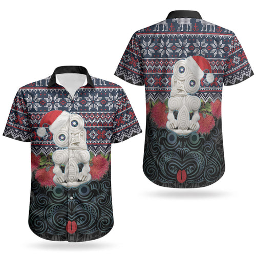 New Zealand Hei Tiki Christmas In July Couples Matching Long Sleeve Bodycon Dress and Hawaiian Shirt Pohutukawa Santa Xmas Polynesian Pattern