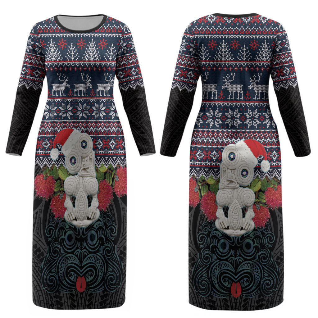 New Zealand Hei Tiki Christmas In July Couples Matching Long Sleeve Bodycon Dress and Hawaiian Shirt Pohutukawa Santa Xmas Polynesian Pattern LT22