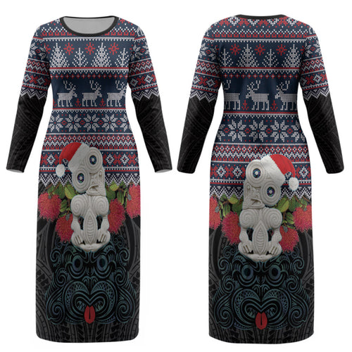 New Zealand Hei Tiki Christmas In July Couples Matching Long Sleeve Bodycon Dress and Hawaiian Shirt Pohutukawa Santa Xmas Polynesian Pattern LT22