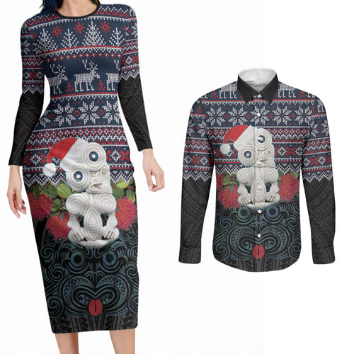 New Zealand Hei Tiki Christmas In July Couples Matching Long Sleeve Bodycon Dress and Long Sleeve Button Shirt Pohutukawa Santa Xmas Polynesian Pattern