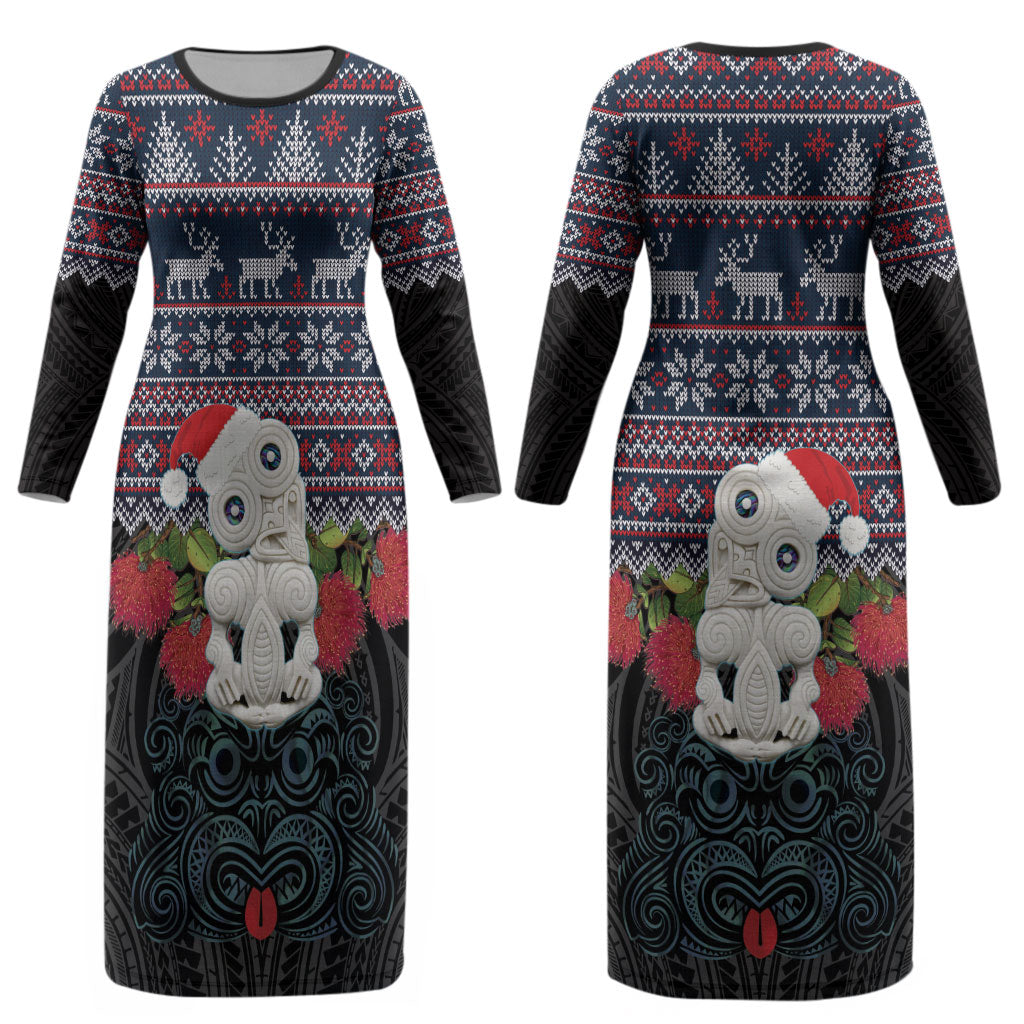 New Zealand Hei Tiki Christmas In July Couples Matching Long Sleeve Bodycon Dress and Long Sleeve Button Shirt Pohutukawa Santa Xmas Polynesian Pattern LT22