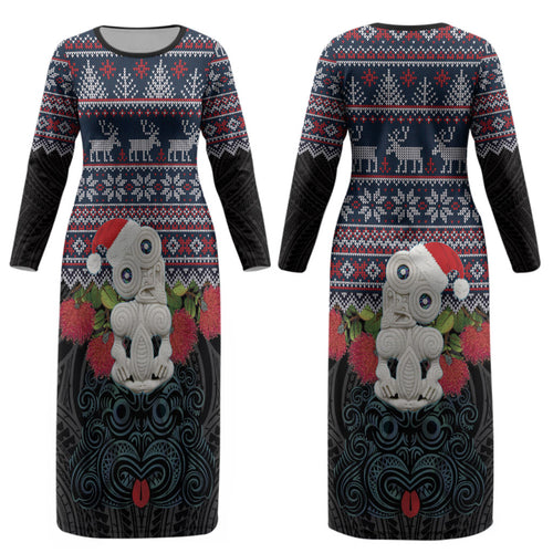 New Zealand Hei Tiki Christmas In July Couples Matching Long Sleeve Bodycon Dress and Long Sleeve Button Shirt Pohutukawa Santa Xmas Polynesian Pattern LT22