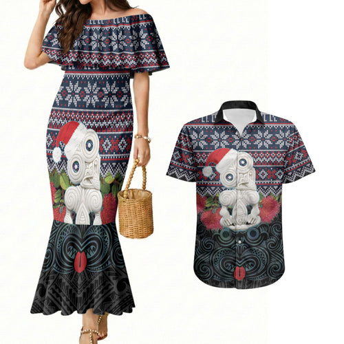 New Zealand Hei Tiki Christmas In July Couples Matching Mermaid Dress and Hawaiian Shirt Pohutukawa Santa Xmas Polynesian Pattern