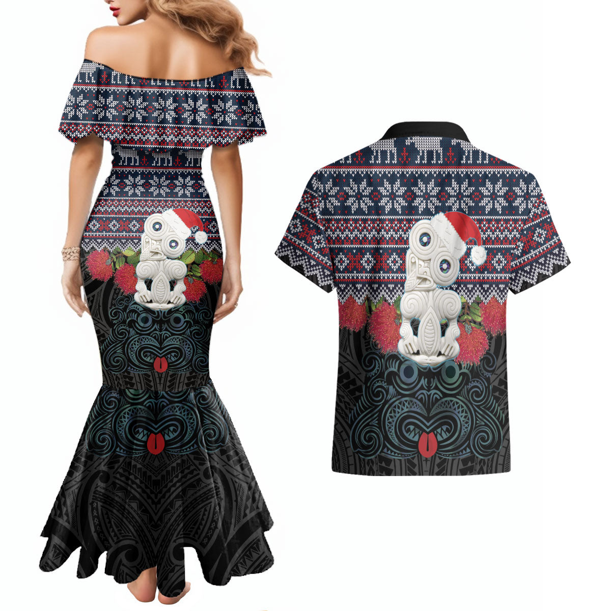 New Zealand Hei Tiki Christmas In July Couples Matching Mermaid Dress and Hawaiian Shirt Pohutukawa Santa Xmas Polynesian Pattern