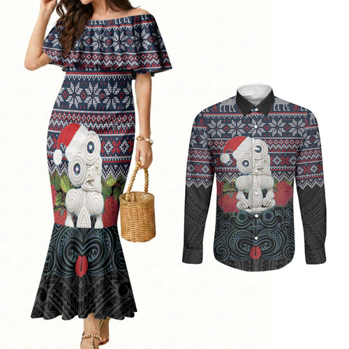 New Zealand Hei Tiki Christmas In July Couples Matching Mermaid Dress and Long Sleeve Button Shirt Pohutukawa Santa Xmas Polynesian Pattern