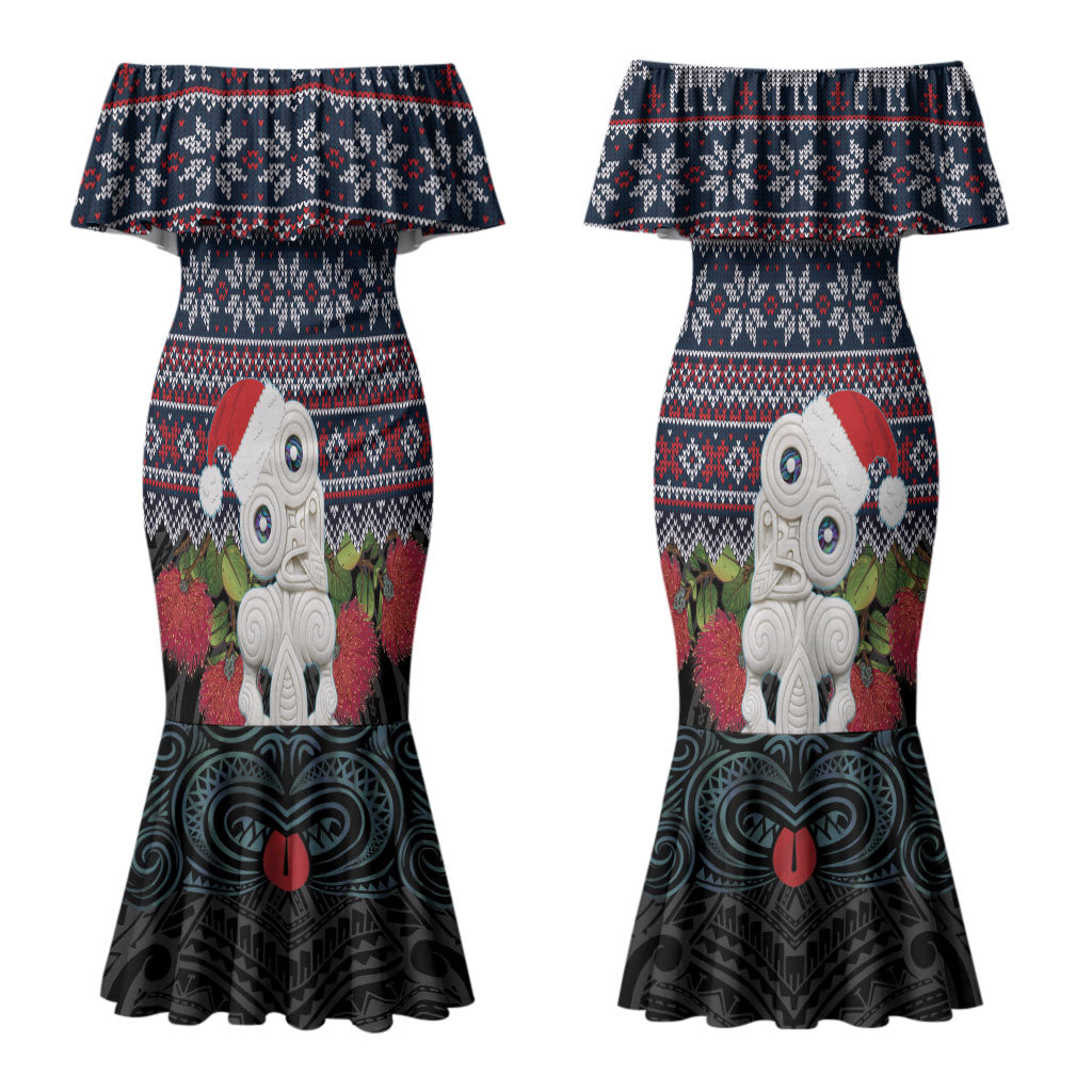 New Zealand Hei Tiki Christmas In July Couples Matching Mermaid Dress and Long Sleeve Button Shirt Pohutukawa Santa Xmas Polynesian Pattern LT22