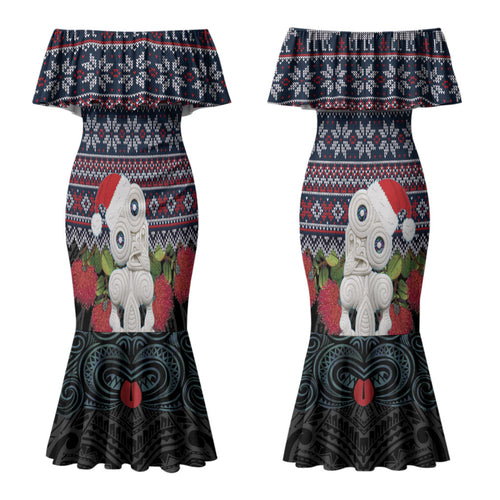 New Zealand Hei Tiki Christmas In July Couples Matching Mermaid Dress and Long Sleeve Button Shirt Pohutukawa Santa Xmas Polynesian Pattern LT22