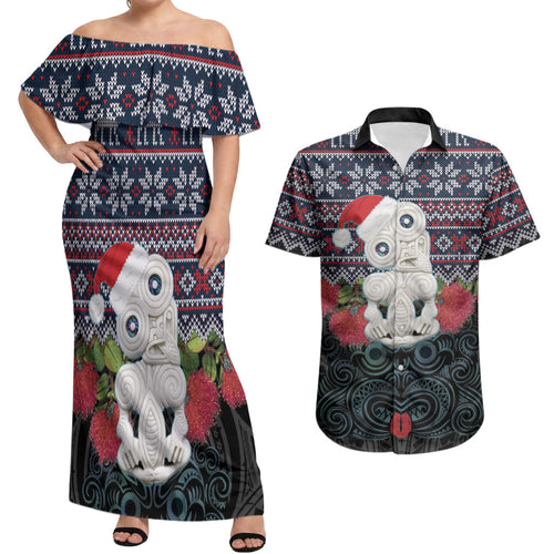 New Zealand Hei Tiki Christmas In July Couples Matching Off Shoulder Maxi Dress and Hawaiian Shirt Pohutukawa Santa Xmas Polynesian Pattern