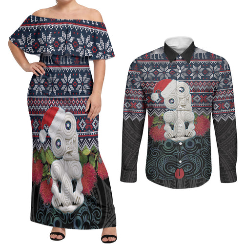 New Zealand Hei Tiki Christmas In July Couples Matching Off Shoulder Maxi Dress and Long Sleeve Button Shirt Pohutukawa Santa Xmas Polynesian Pattern