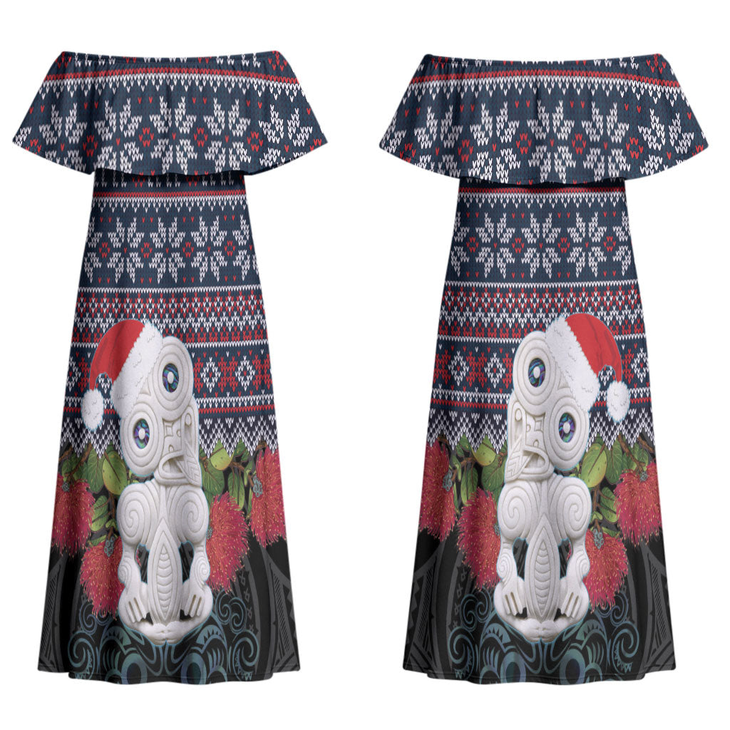 New Zealand Hei Tiki Christmas In July Couples Matching Off Shoulder Maxi Dress and Long Sleeve Button Shirt Pohutukawa Santa Xmas Polynesian Pattern LT22