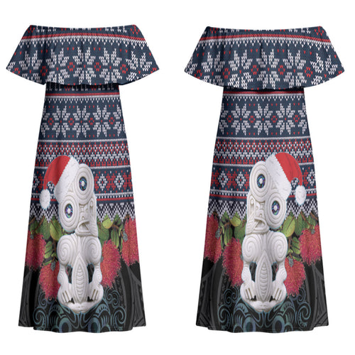 New Zealand Hei Tiki Christmas In July Couples Matching Off Shoulder Maxi Dress and Long Sleeve Button Shirt Pohutukawa Santa Xmas Polynesian Pattern LT22
