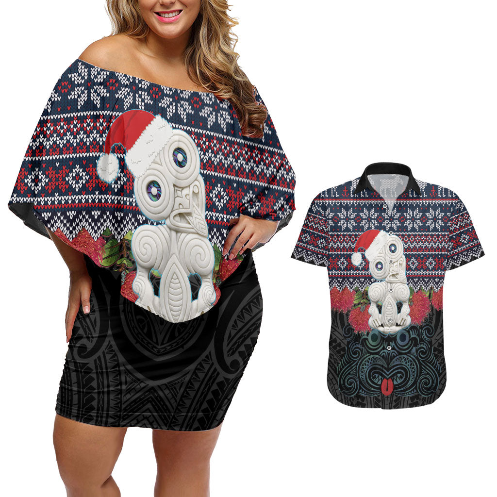 New Zealand Hei Tiki Christmas In July Couples Matching Off Shoulder Short Dress and Hawaiian Shirt Pohutukawa Santa Xmas Polynesian Pattern