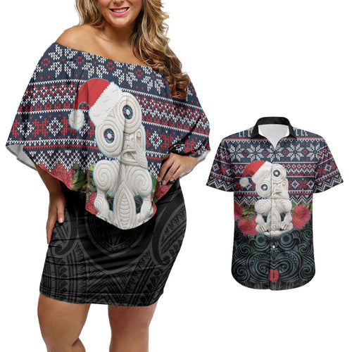 New Zealand Hei Tiki Christmas In July Couples Matching Off Shoulder Short Dress and Hawaiian Shirt Pohutukawa Santa Xmas Polynesian Pattern