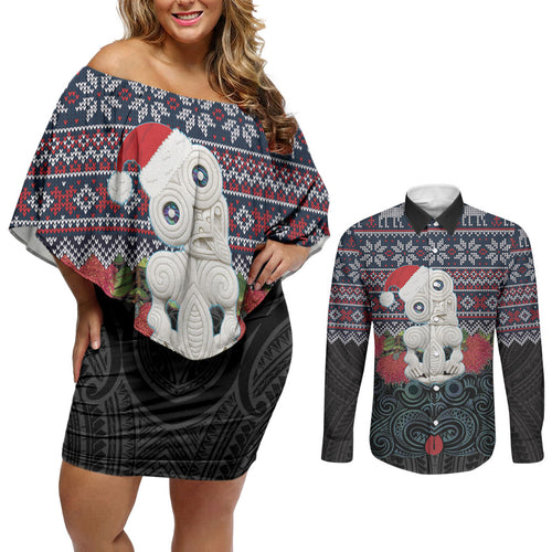 New Zealand Hei Tiki Christmas In July Couples Matching Off Shoulder Short Dress and Long Sleeve Button Shirt Pohutukawa Santa Xmas Polynesian Pattern