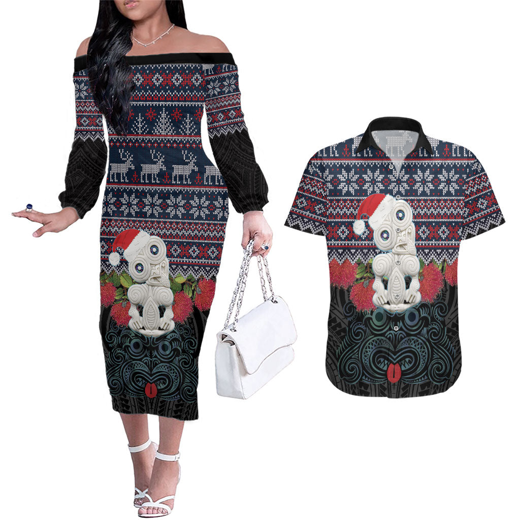 New Zealand Hei Tiki Christmas In July Couples Matching Off The Shoulder Long Sleeve Dress and Hawaiian Shirt Pohutukawa Santa Xmas Polynesian Pattern
