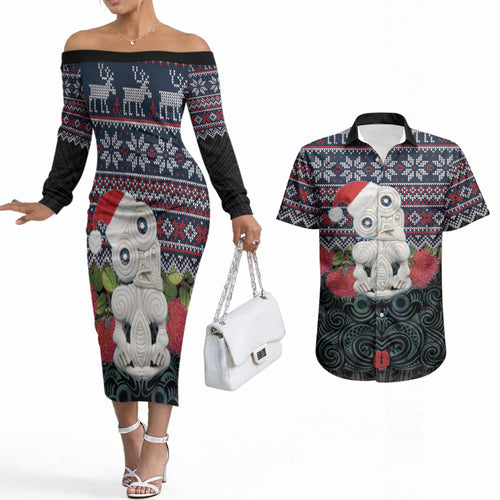 New Zealand Hei Tiki Christmas In July Couples Matching Off The Shoulder Long Sleeve Dress and Hawaiian Shirt Pohutukawa Santa Xmas Polynesian Pattern
