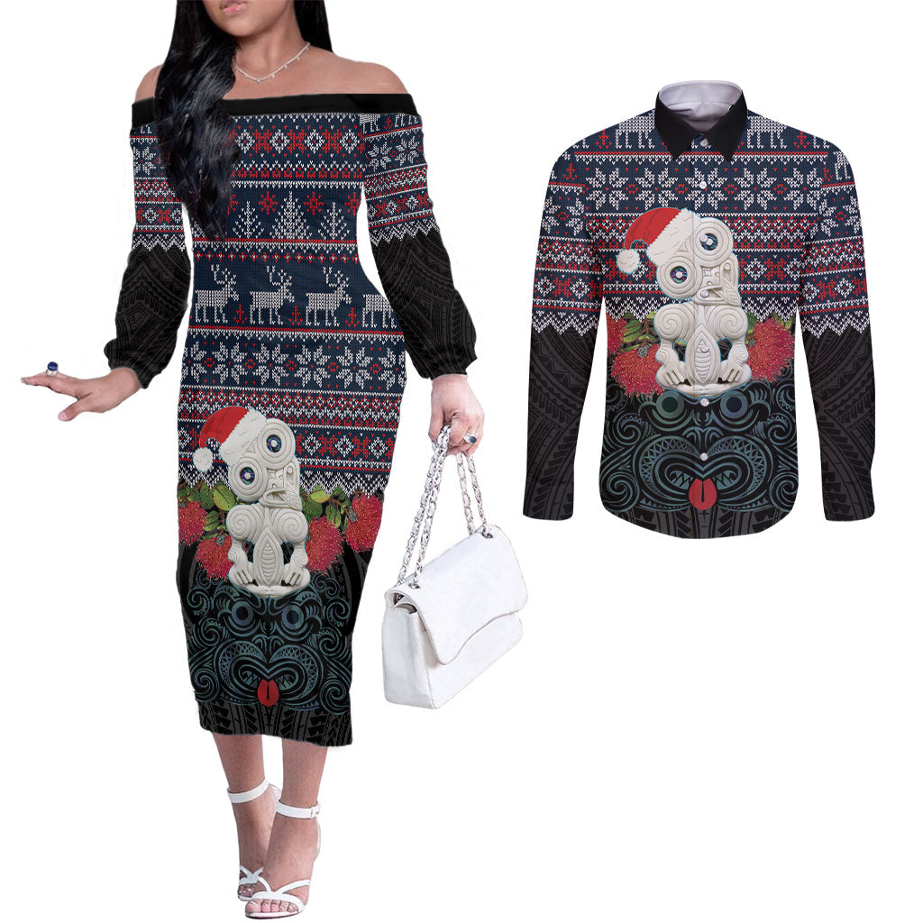 New Zealand Hei Tiki Christmas In July Couples Matching Off The Shoulder Long Sleeve Dress and Long Sleeve Button Shirt Pohutukawa Santa Xmas Polynesian Pattern