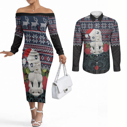 New Zealand Hei Tiki Christmas In July Couples Matching Off The Shoulder Long Sleeve Dress and Long Sleeve Button Shirt Pohutukawa Santa Xmas Polynesian Pattern