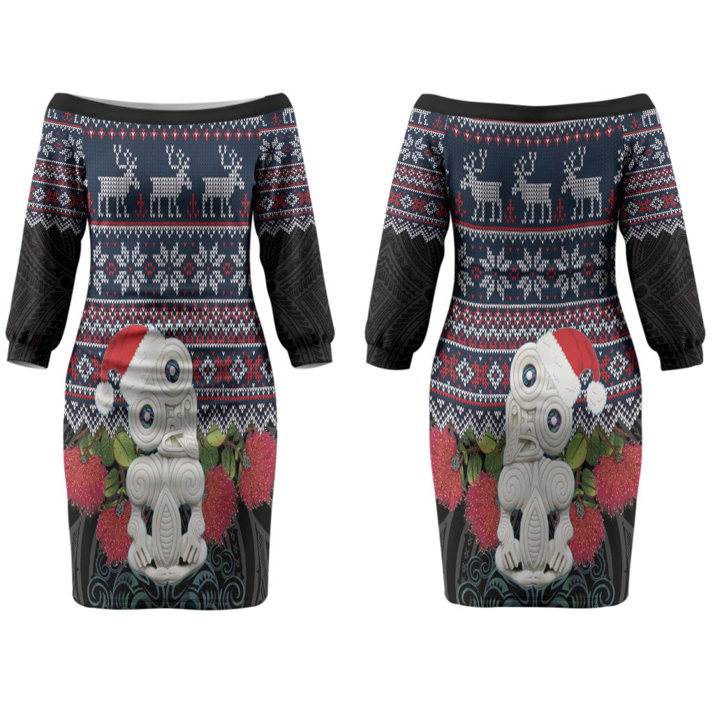 New Zealand Hei Tiki Christmas In July Couples Matching Off The Shoulder Long Sleeve Dress and Long Sleeve Button Shirt Pohutukawa Santa Xmas Polynesian Pattern LT22