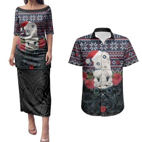New Zealand Hei Tiki Christmas In July Couples Matching Puletasi and Hawaiian Shirt Pohutukawa Santa Xmas Polynesian Pattern