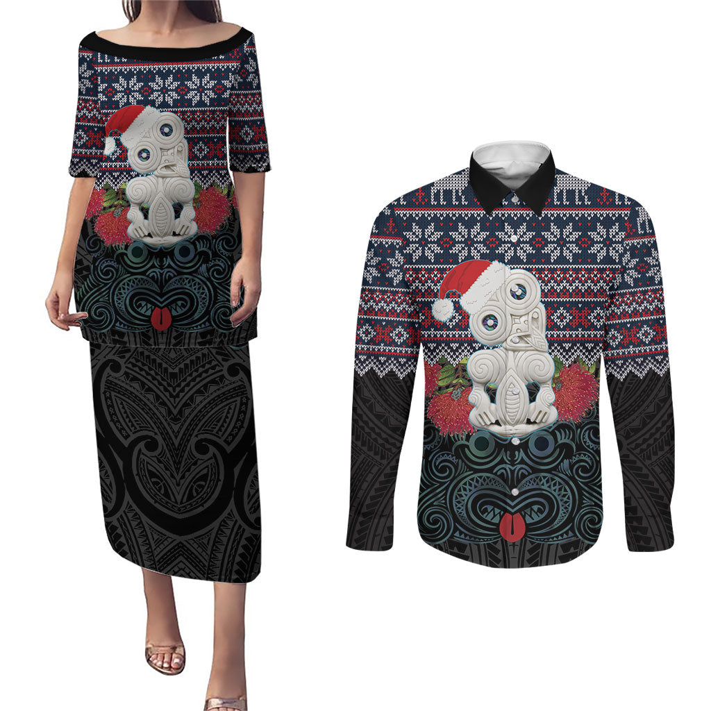 New Zealand Hei Tiki Christmas In July Couples Matching Puletasi and Long Sleeve Button Shirt Pohutukawa Santa Xmas Polynesian Pattern