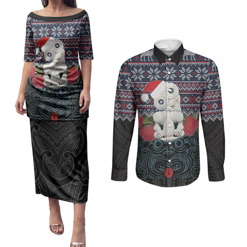 New Zealand Hei Tiki Christmas In July Couples Matching Puletasi and Long Sleeve Button Shirt Pohutukawa Santa Xmas Polynesian Pattern