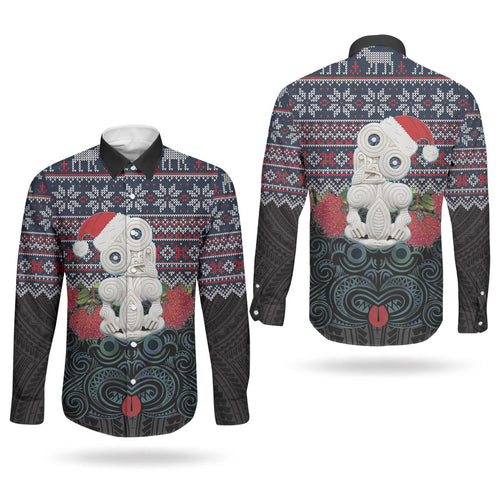 New Zealand Hei Tiki Christmas In July Couples Matching Puletasi and Long Sleeve Button Shirt Pohutukawa Santa Xmas Polynesian Pattern