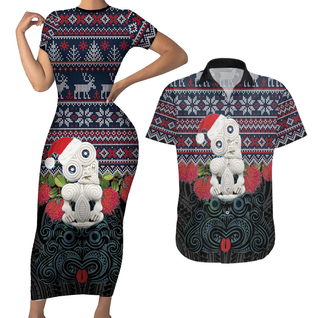 New Zealand Hei Tiki Christmas In July Couples Matching Short Sleeve Bodycon Dress and Hawaiian Shirt Pohutukawa Santa Xmas Polynesian Pattern