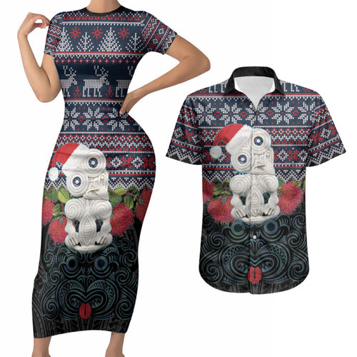 New Zealand Hei Tiki Christmas In July Couples Matching Short Sleeve Bodycon Dress and Hawaiian Shirt Pohutukawa Santa Xmas Polynesian Pattern