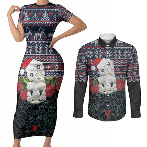 New Zealand Hei Tiki Christmas In July Couples Matching Short Sleeve Bodycon Dress and Long Sleeve Button Shirt Pohutukawa Santa Xmas Polynesian Pattern