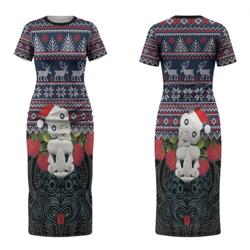 New Zealand Hei Tiki Christmas In July Couples Matching Short Sleeve Bodycon Dress and Long Sleeve Button Shirt Pohutukawa Santa Xmas Polynesian Pattern LT22