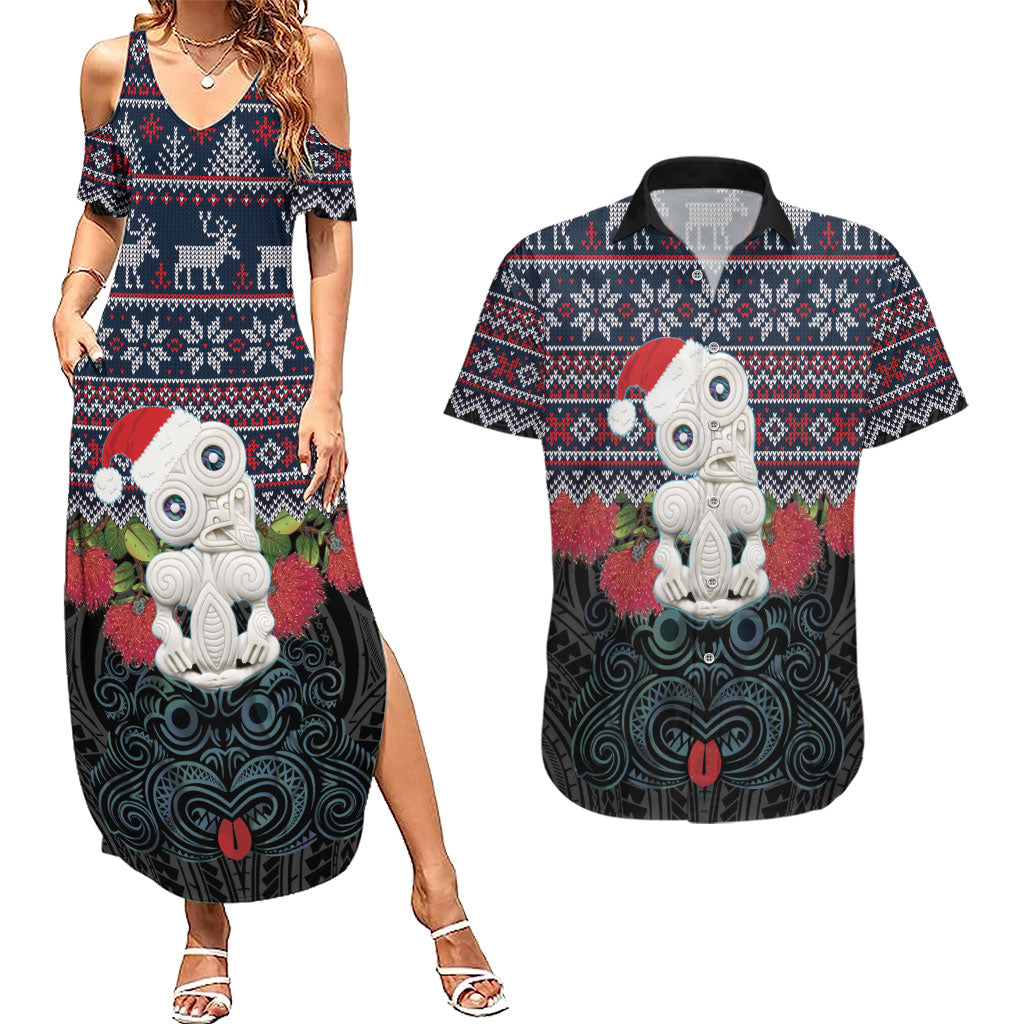New Zealand Hei Tiki Christmas In July Couples Matching Summer Maxi Dress and Hawaiian Shirt Pohutukawa Santa Xmas Polynesian Pattern