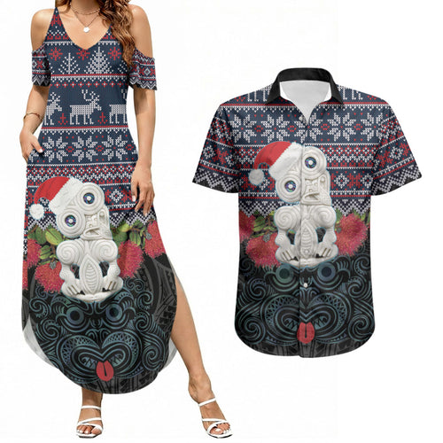New Zealand Hei Tiki Christmas In July Couples Matching Summer Maxi Dress and Hawaiian Shirt Pohutukawa Santa Xmas Polynesian Pattern