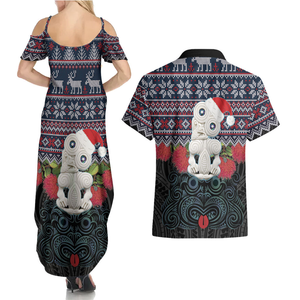 New Zealand Hei Tiki Christmas In July Couples Matching Summer Maxi Dress and Hawaiian Shirt Pohutukawa Santa Xmas Polynesian Pattern