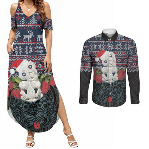 New Zealand Hei Tiki Christmas In July Couples Matching Summer Maxi Dress and Long Sleeve Button Shirt Pohutukawa Santa Xmas Polynesian Pattern