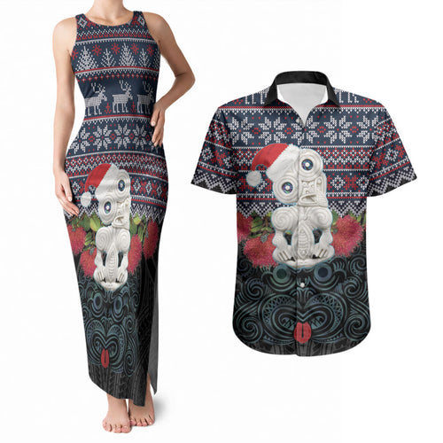 New Zealand Hei Tiki Christmas In July Couples Matching Tank Maxi Dress and Hawaiian Shirt Pohutukawa Santa Xmas Polynesian Pattern