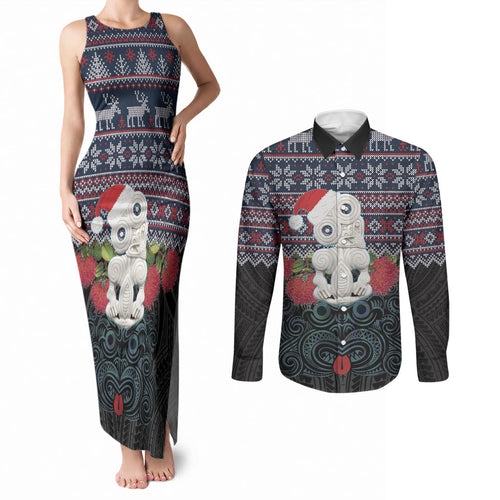New Zealand Hei Tiki Christmas In July Couples Matching Tank Maxi Dress and Long Sleeve Button Shirt Pohutukawa Santa Xmas Polynesian Pattern